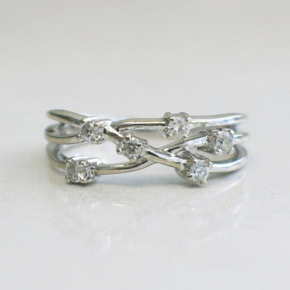 14K White Gold Diamond Branch Ring Band Multi Row Minimalist Stacking Ring