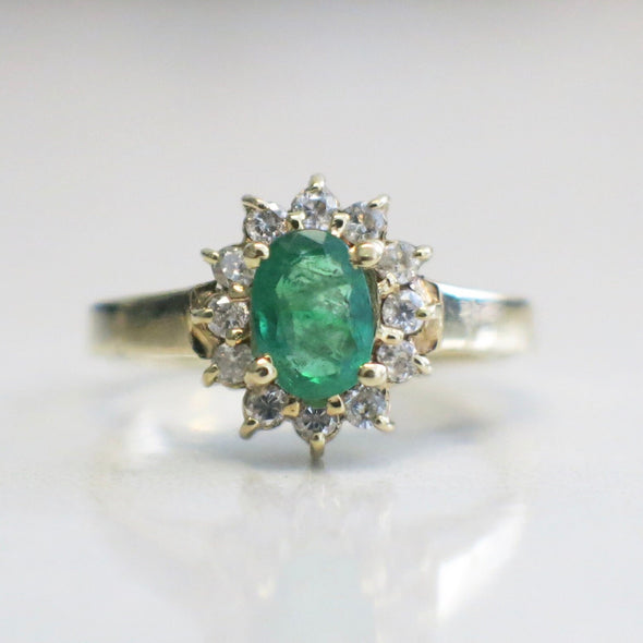 14K Yellow Gold Emerald and Diamond Halo Ring | Oval May Birthstone Size 3.75
