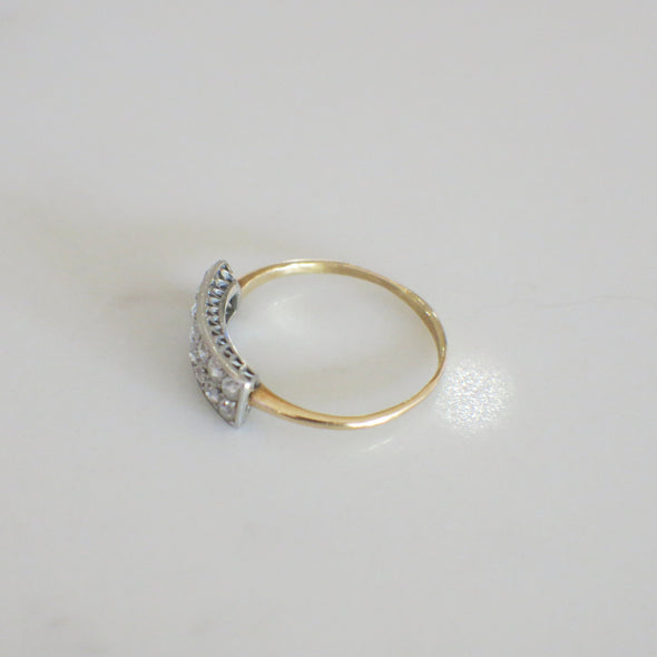 Art Deco Double Row Diamond Ring in 14K Yellow Gold and Platinum, Vintage Old European Cut Diamond Band