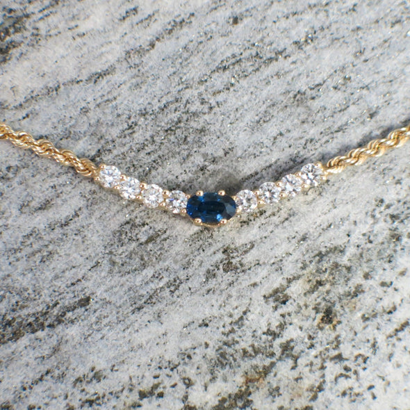 Oval Sapphire & Diamond Rope Chain Necklace | 14K Yellow Gold 16 Inch
