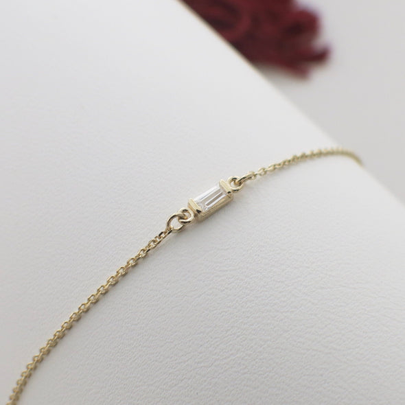 14K Gold Diamond Baguette Bar Bracelet | Dainty Stackable Layering Gift