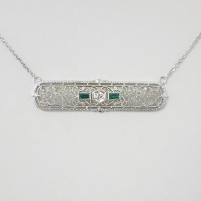 1920s Art Deco Emerald & Diamond Filigree Pendant Necklace | 14K White Gold Bar Design