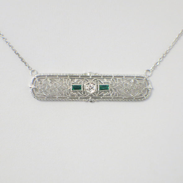 1920s Art Deco Emerald & Diamond Filigree Pendant Necklace | 14K White Gold Bar Design