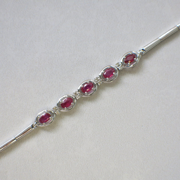 14K White Gold Ruby and Diamond Bracelet | 7 Inch Oval East West Ruby Tennis Style | Vintage Gemstone Bracelet | 8.1g