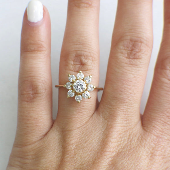 Vintage 14K Yellow Gold Diamond Flower Cluster Ring, Round Brilliant Cut, Alternative Engagement Ring