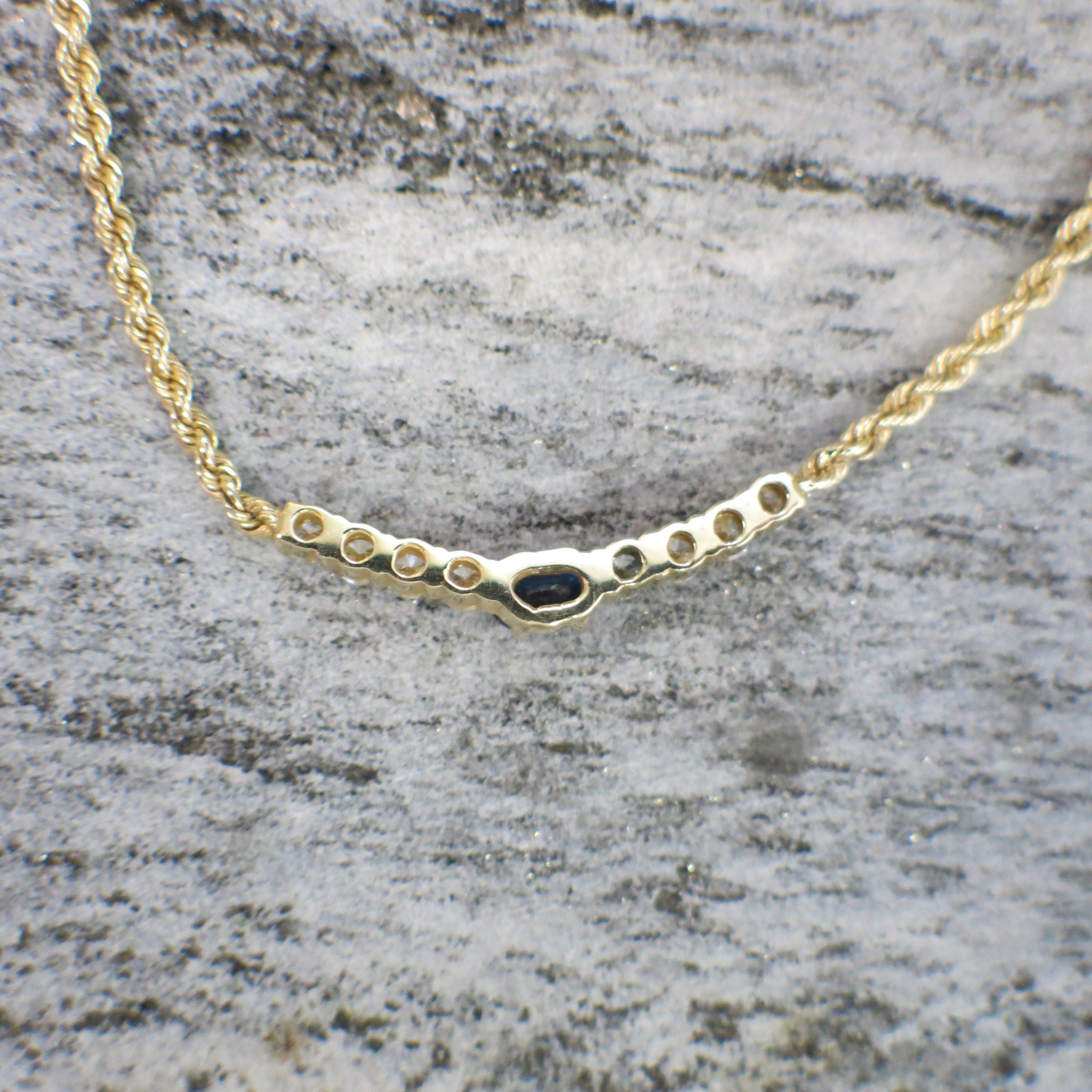Oval Sapphire & Diamond Rope Chain Necklace | 14K Yellow Gold 16 Inch - Black Market LLC