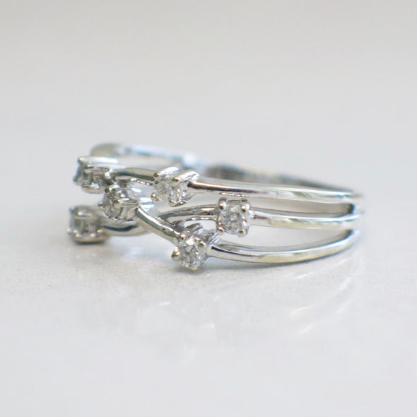 14K White Gold Diamond Branch Ring Band Multi Row Minimalist Stacking Ring