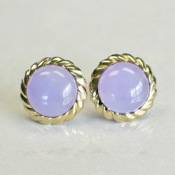 14K Gold Lavender Jade Earrings Cabochon Studs Twisted Scallop Design