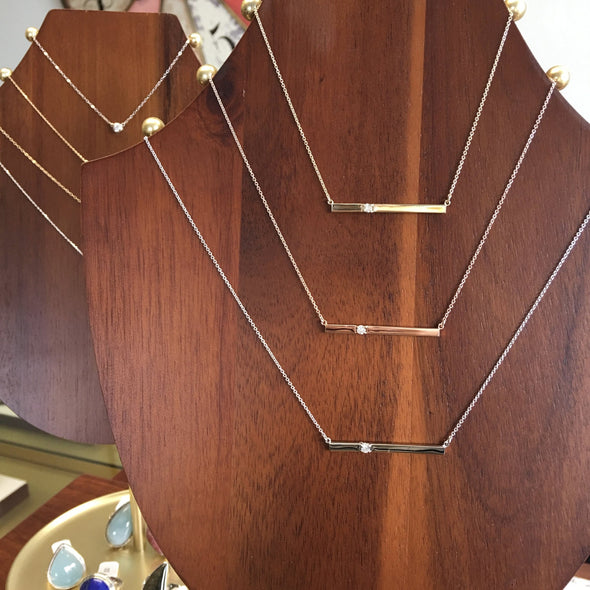 14K Gold Diamond Bar Necklace, Minimalist Layering Necklace, Custom Gold Bar Pendant