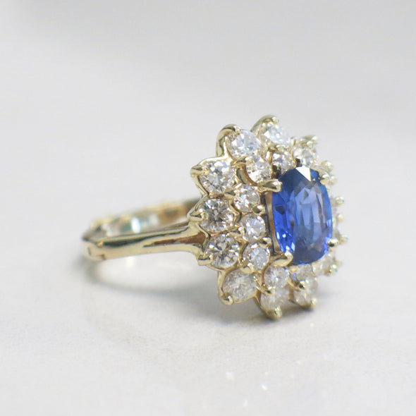 Oval Blue Sapphire Diamond Ring 14K Yellow Gold Double Halo Floral Design 1.8ct Sapphire 1.62ctw VS2-SI1 Size 5.5 Alternative Engagement