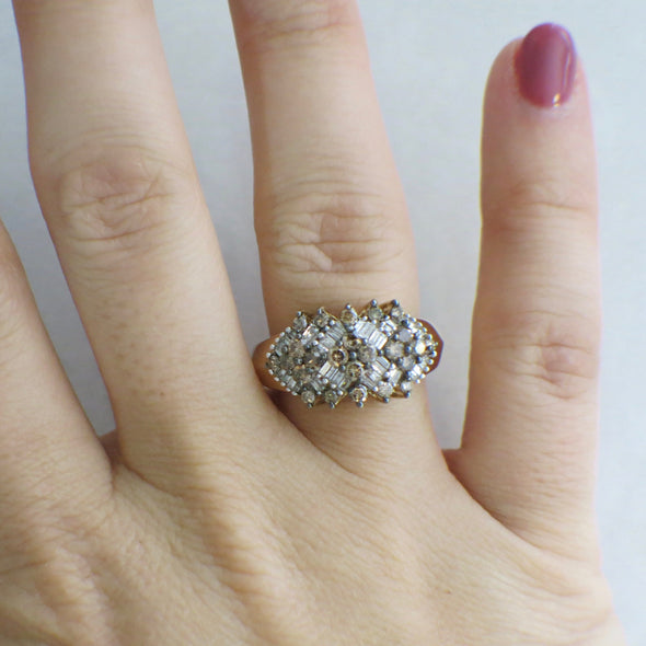 10K Yellow Gold Champagne and White Diamond Cluster Ring Size 7.25