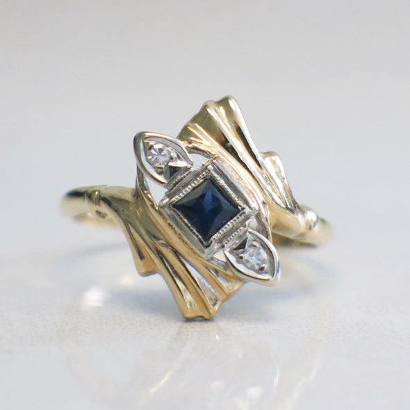 Vintage Sapphire & Diamond Ring | 14K Two-Tone Gold Princess Cut Milgrain Size 6