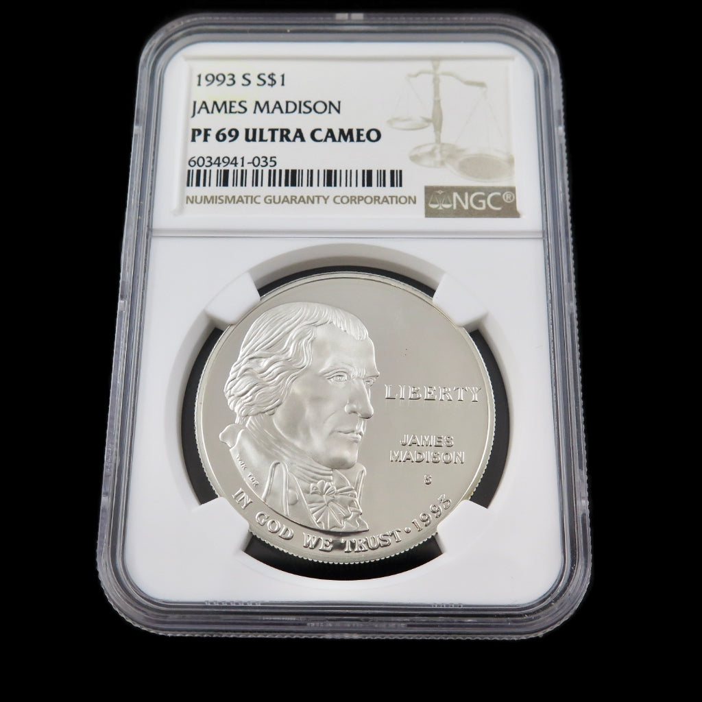 1993-S James Madison Silver Dollar commemorative coin with Ultra Cameo finish, graded PF69 by NGC, displayed in protective holder