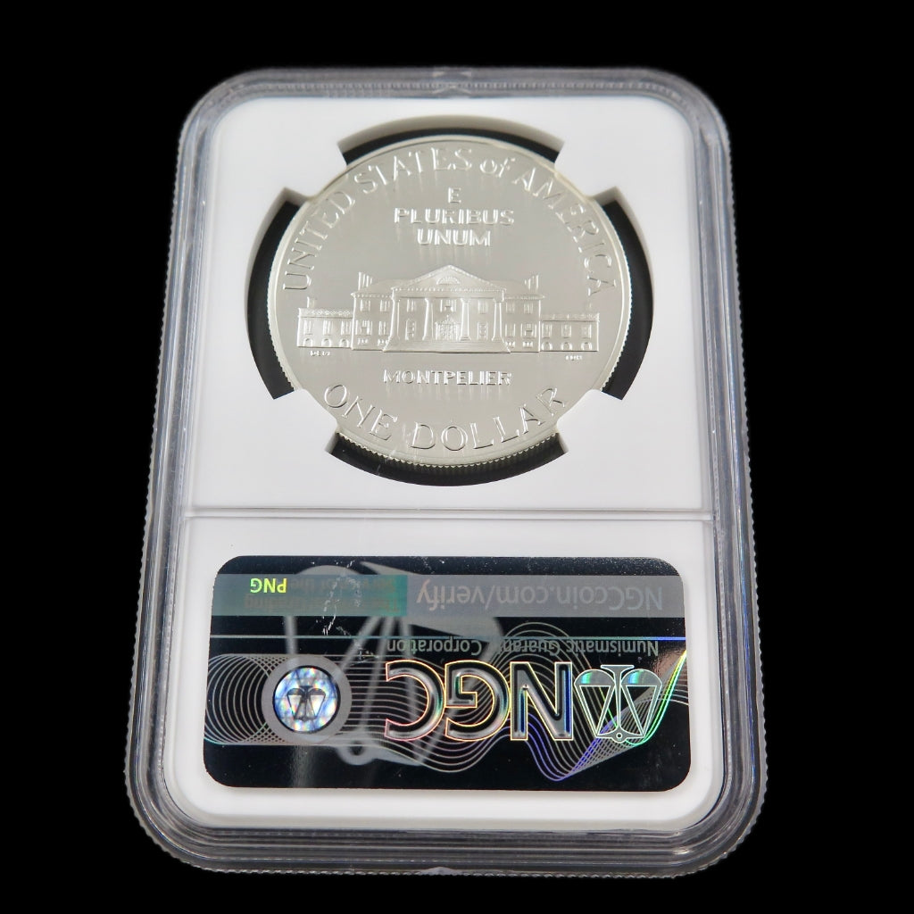 1993-S James Madison Silver Dollar commemorative coin, PF69 Ultra Cameo grade, showcasing detailed design and silver finish.