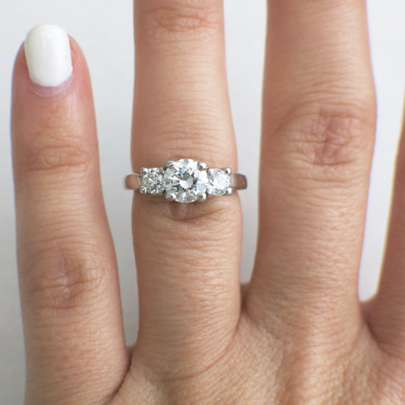 Platinum Three Stone Diamond Engagement Ring 0.95ct Center SI1 E-F 1.35ctw Classic Style Size 4.5 Bright White Round Cut