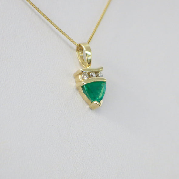 14K Yellow Gold Trillion Emerald and Diamond Pendant | Box Chain Necklace