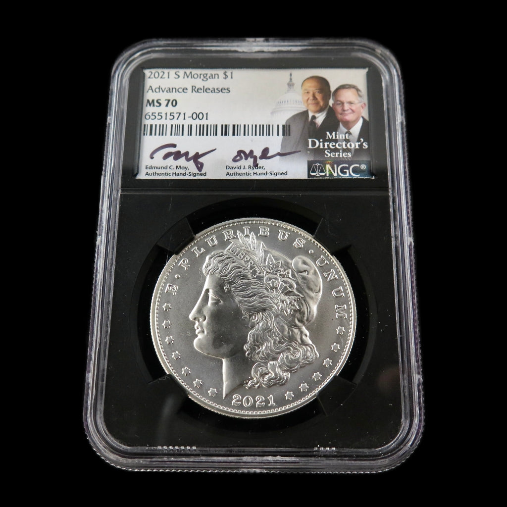 2021 Morgan Silver Dollar MS70 NGC commemorative coin with Black Market LLC signature, showcasing detailed design and mint mark.