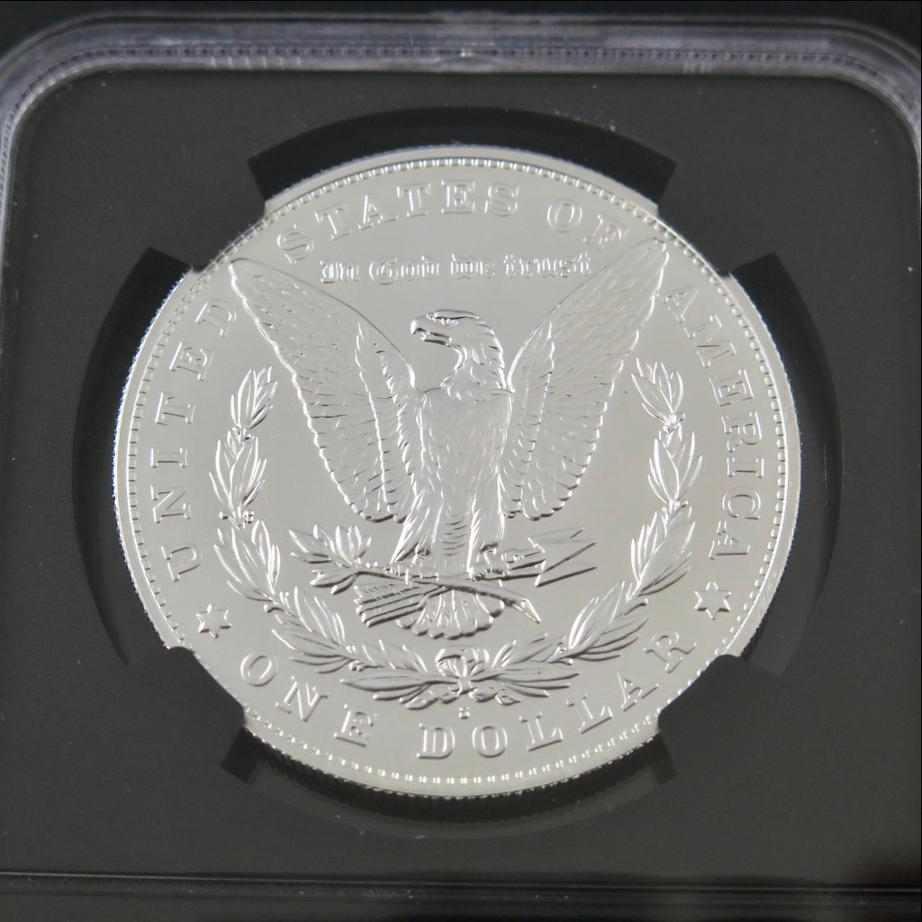 Close-up of the 2021 Morgan Silver Dollar commemorative coin, MS70 NGC grade, with advanced signature from Black Market LLC.