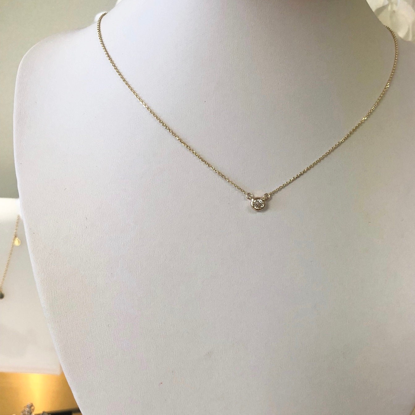 14K Gold Diamond Bezel Necklace | Custom Solitaire Pendant 16 or 18 Inch - Black Market LLC