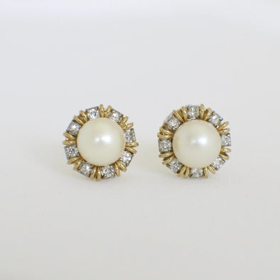 Vintage Pearl and Diamond Earrings | 18K Two-Tone Gold Halo Studs with Threaded Backs