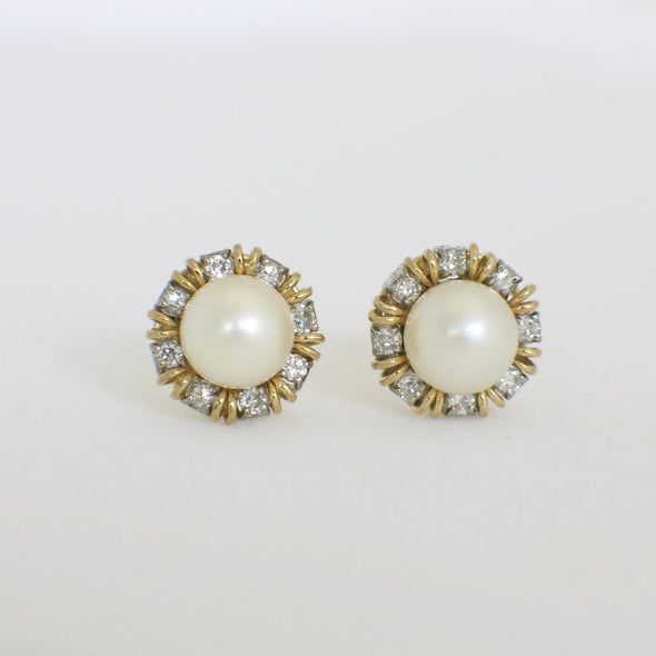 Vintage Pearl and Diamond Earrings | 18K Two-Tone Gold Halo Studs with Threaded Backs