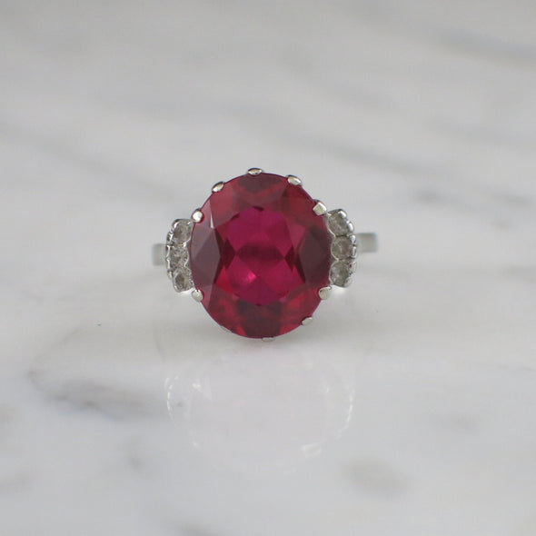 Vintage 10K White Gold Synthetic Ruby and Diamond Cocktail Ring, Oval Lab Ruby Engagement Ring
