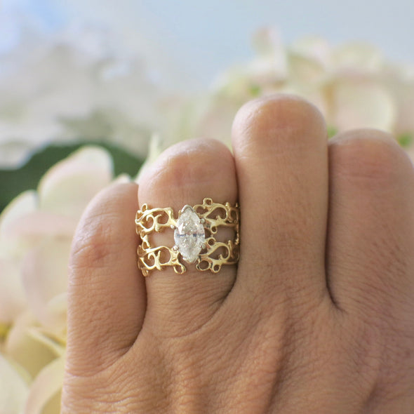 18K Yellow Gold Scroll Wide Band Ring – 1.00 CT Marquise Diamond Solitaire, Handmade Design, Size 7
