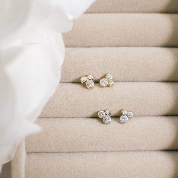 14K Gold Trio Diamond Stud Earrings Bezel Cluster Dainty .21 CTW