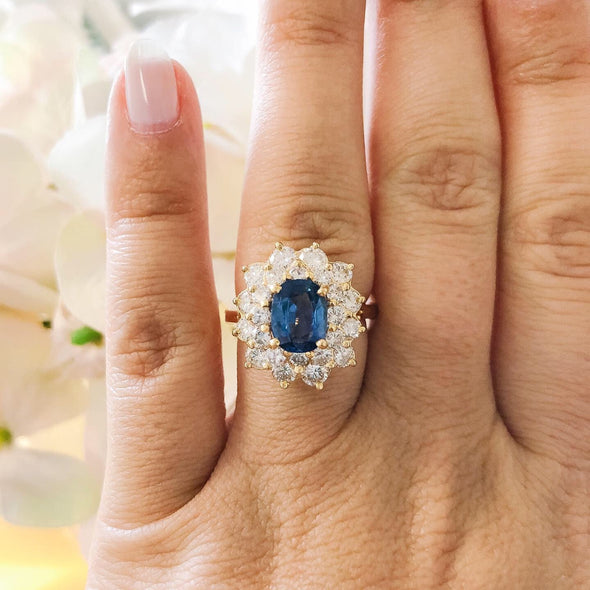 Oval Blue Sapphire Diamond Ring 14K Yellow Gold Double Halo Floral Design 1.8ct Sapphire 1.62ctw VS2-SI1 Size 5.5 Alternative Engagement