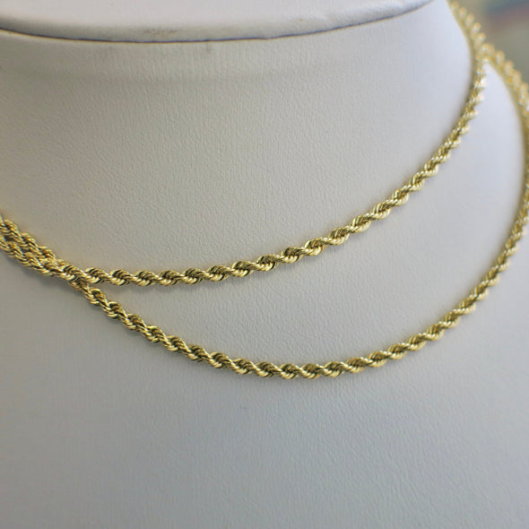 14K Yellow Gold Rope Chain Necklace – 24” Long, 2.4mm Wide, 12.7g, Classic Layering Chain
