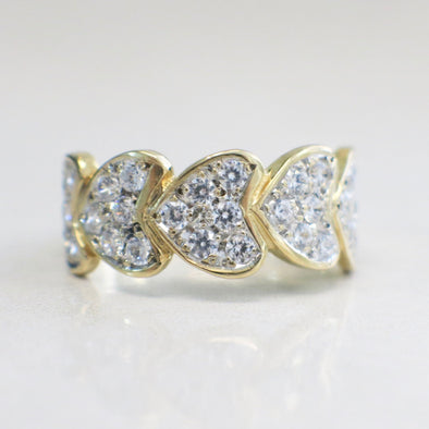 14K Yellow Gold Pave Diamond Heart Ring, Stacking Hearts Band, Diamond Band Gift for Her