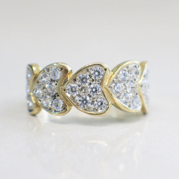 14K Yellow Gold Pave Diamond Heart Ring, Stacking Hearts Band, Diamond Band Gift for Her