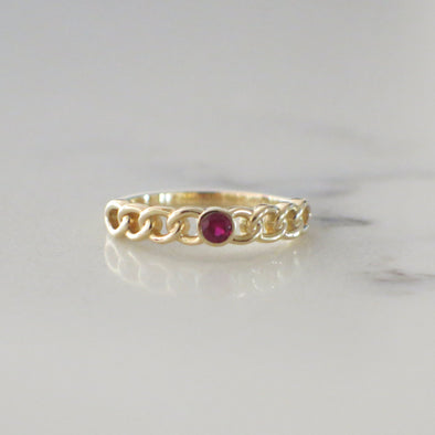 14K Yellow Gold Ruby Curb Chain Bezel Ring Stackable Modern Band