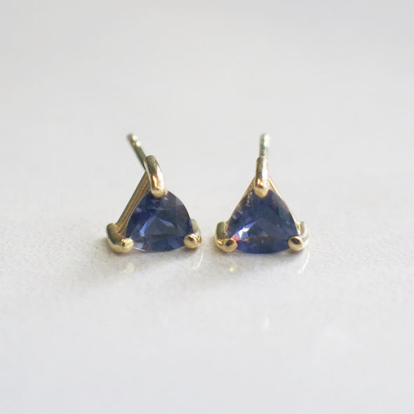Trillion Violet Quartz Stud Earrings 14K Yellow Gold Triangle Cut