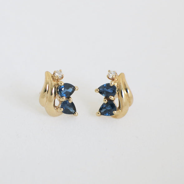 14K Gold Sapphire Earrings with Diamonds Vintage Yellow Gold Studs