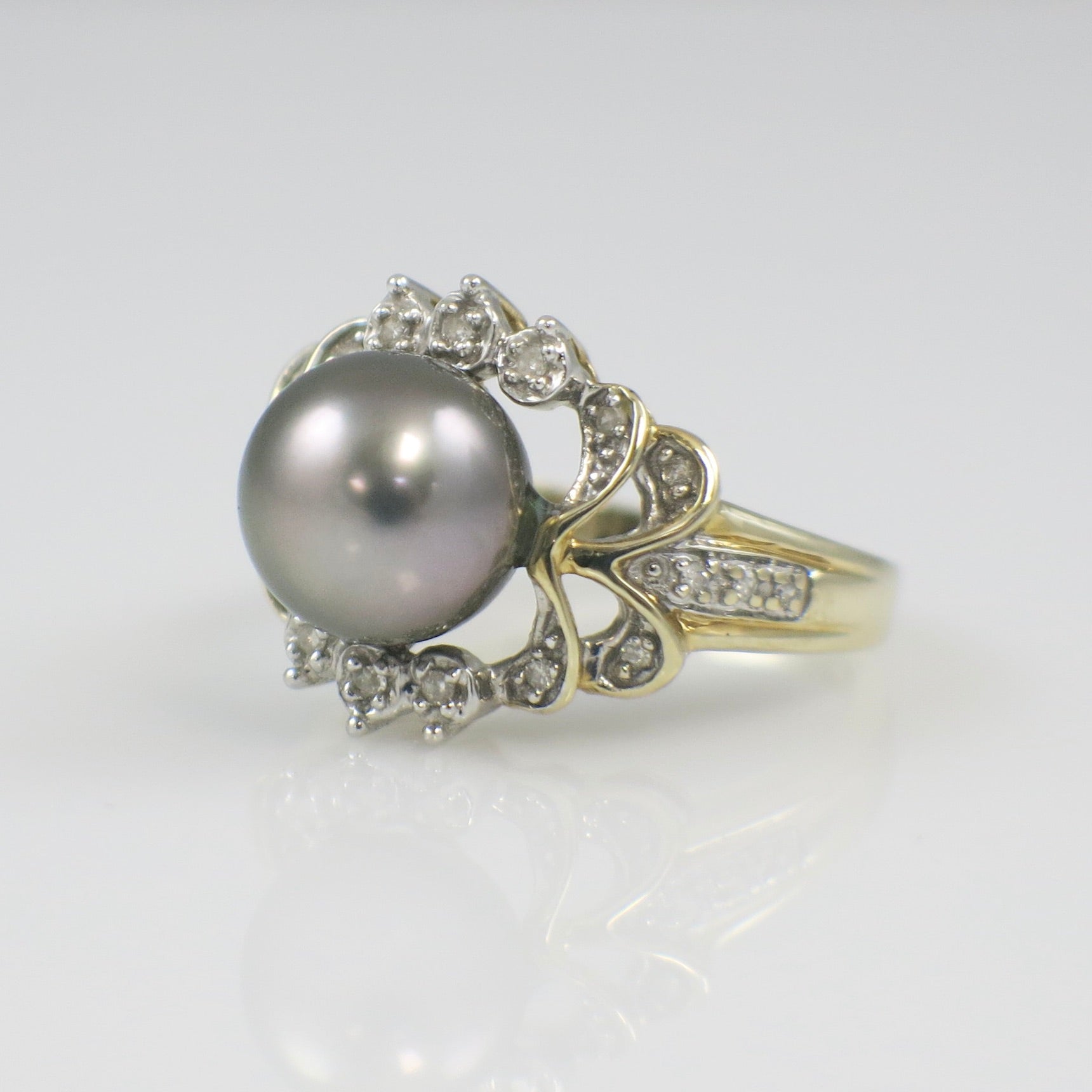 14K Yellow Gold Black Pearl Ring – 9.2mm Pearl with Diamond Accents, Vintage Floral Cluster
