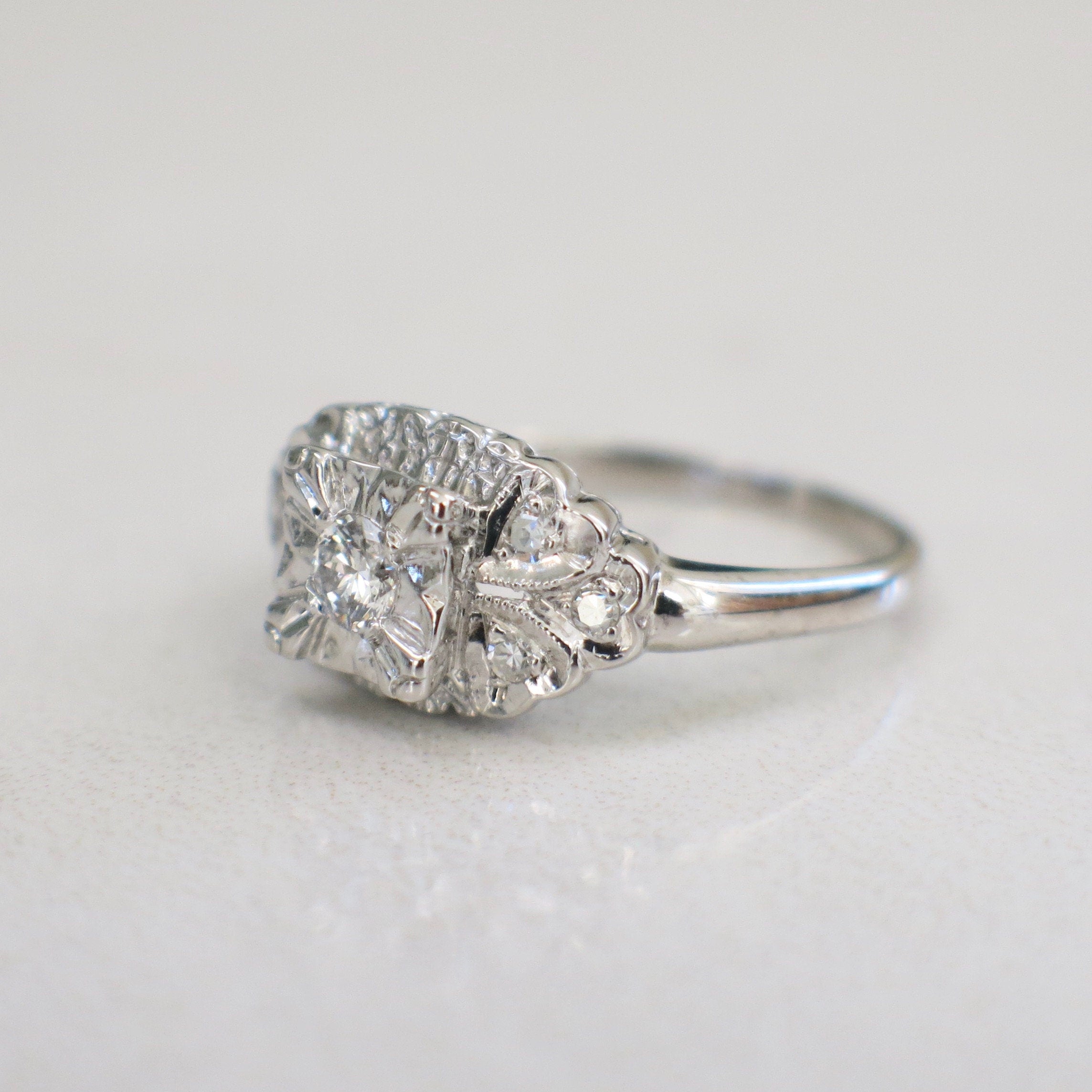 Vintage 14K White Gold Diamond Engagement Ring | Milgrain Alternative Bridal Size 5.75 - Black Market LLC