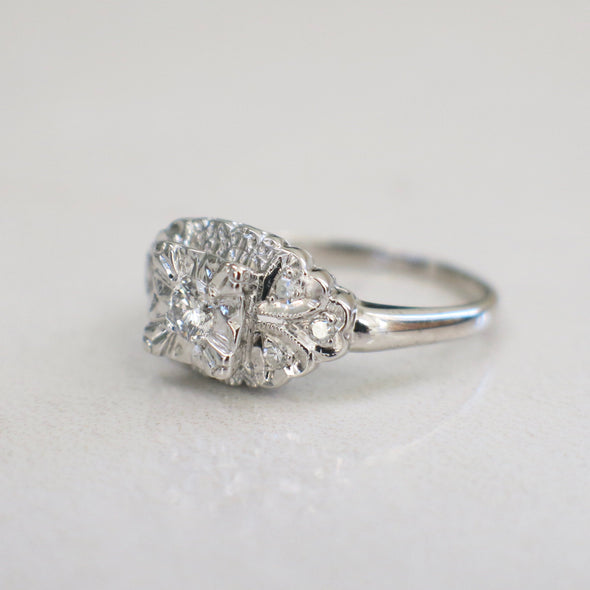 Vintage Diamond Engagement Ring 14K White Gold Milgrain Alternative Bridal