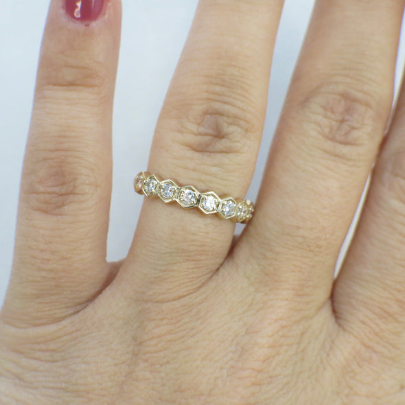 14K Yellow Gold Hexagon Diamond Wedding Band Stackable Geometric Ring 4mm