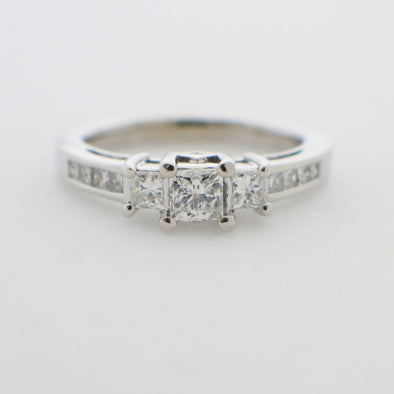 14K White Gold Princess Cut Three Stone Diamond Engagement Ring | .78 CTW | Hidden Profile Diamonds | Size 6.5