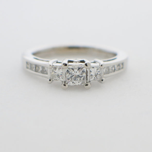 14K White Gold Princess Cut Three Stone Diamond Engagement Ring | .78 CTW | Hidden Profile Diamonds | Size 6.5