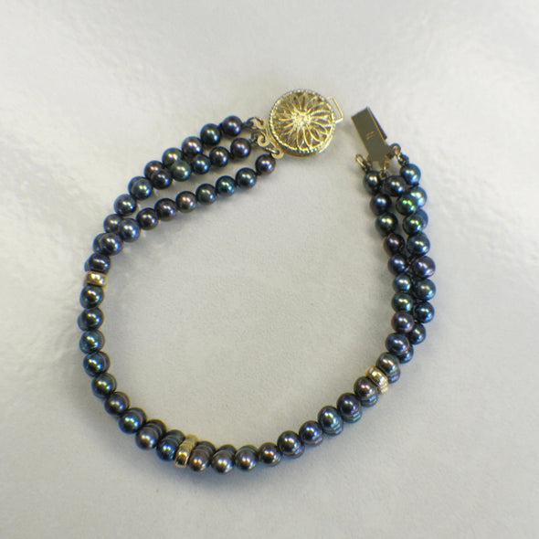 14K Yellow Gold Three-Strand Tahitian Black Pearl Bracelet | Vintage Filigree Clasp