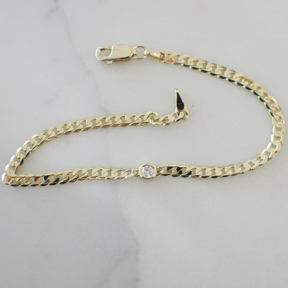 14K Yellow Gold Bezel Set Diamond Curb Chain Bracelet, .10 CT Natural Diamond, Minimalist Layering Bracelet