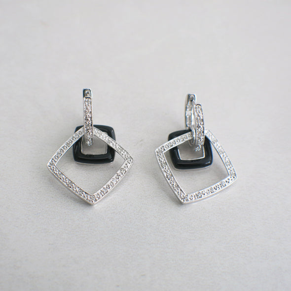 14K White Gold Black Enamel and Diamond Dangle Earrings | Milgrain Detail | Art Deco Style Drop Earrings | .16 CTW | Vintage Look