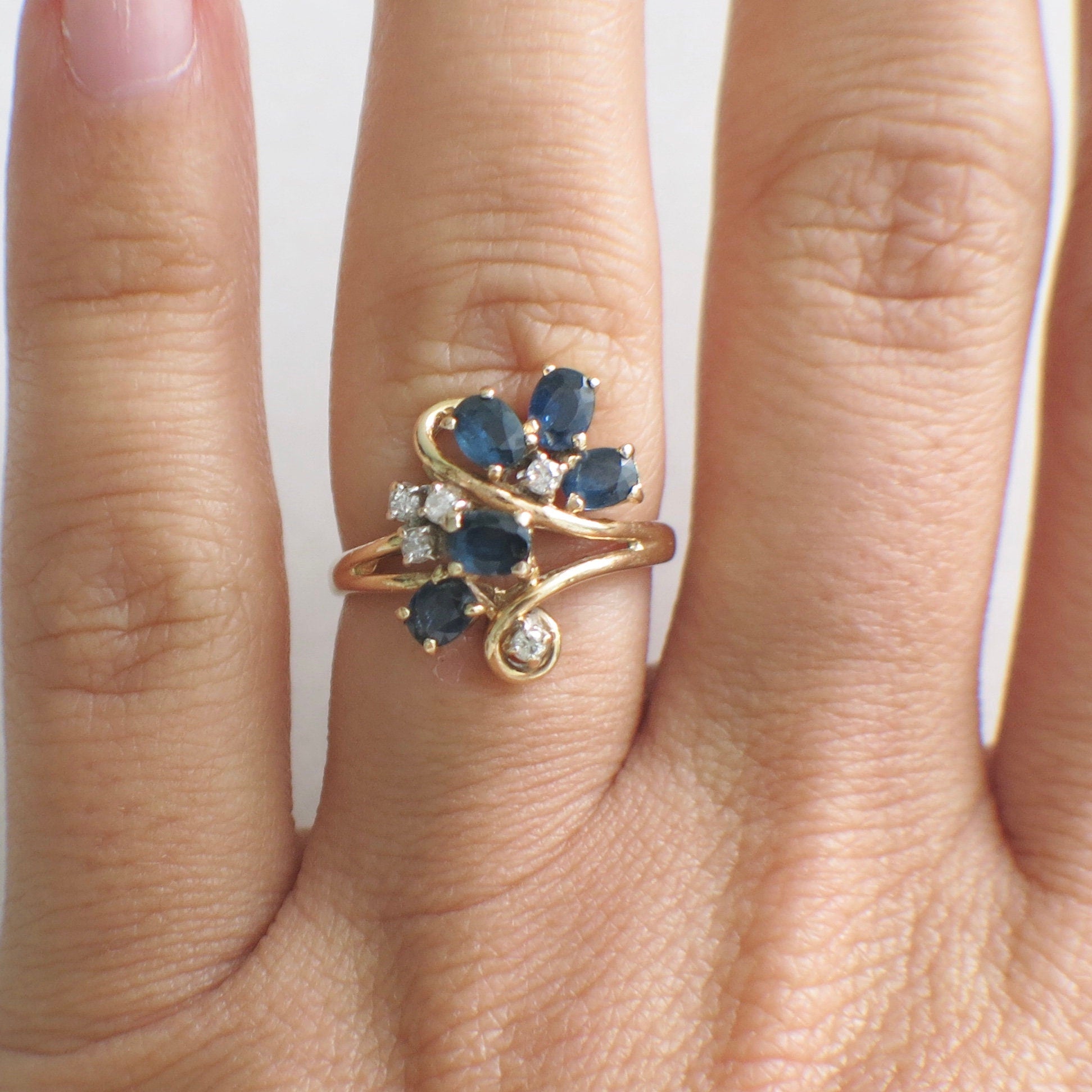 Vintage Sapphire and Diamond Scroll Ring – 14K Yellow Gold, Size 5 - Black Market LLC