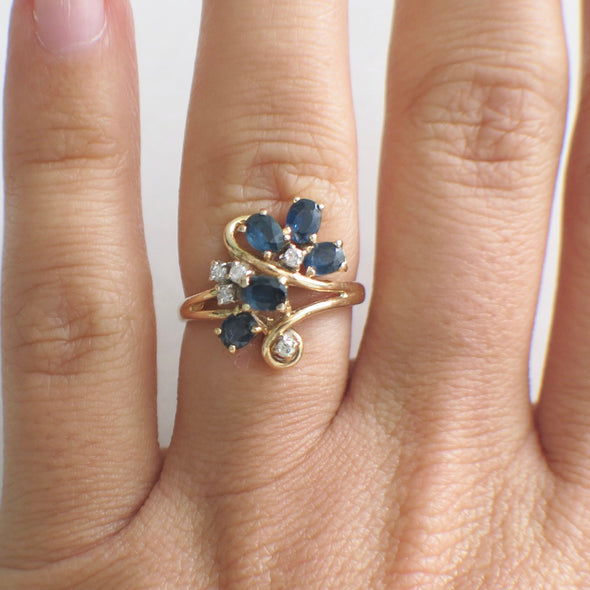 Vintage Sapphire and Diamond Scroll Ring 14K Yellow Gold