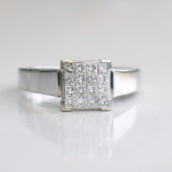 14K White Gold Princess Cut Diamond Cluster Ring Invisible Setting .50 CTW