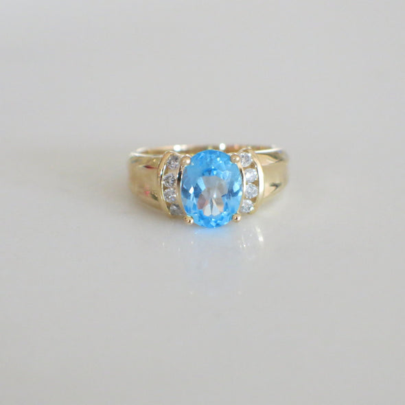 14K Yellow Gold Swiss Blue Topaz and Diamond Oval Ring – Size 6