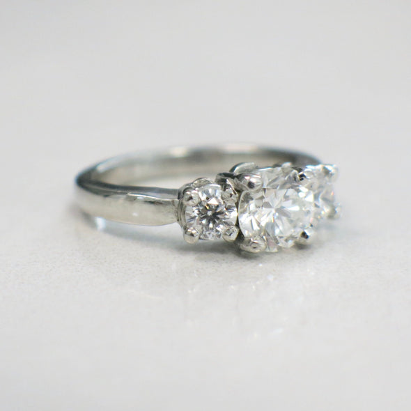 Platinum Three Stone Diamond Engagement Ring 0.95ct Center SI1 E-F 1.35ctw Classic Style Size 4.5 Bright White Round Cut