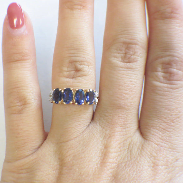 10K Gold Tanzanite and Diamond Ring Oval Four Stone Band Size 6.75
